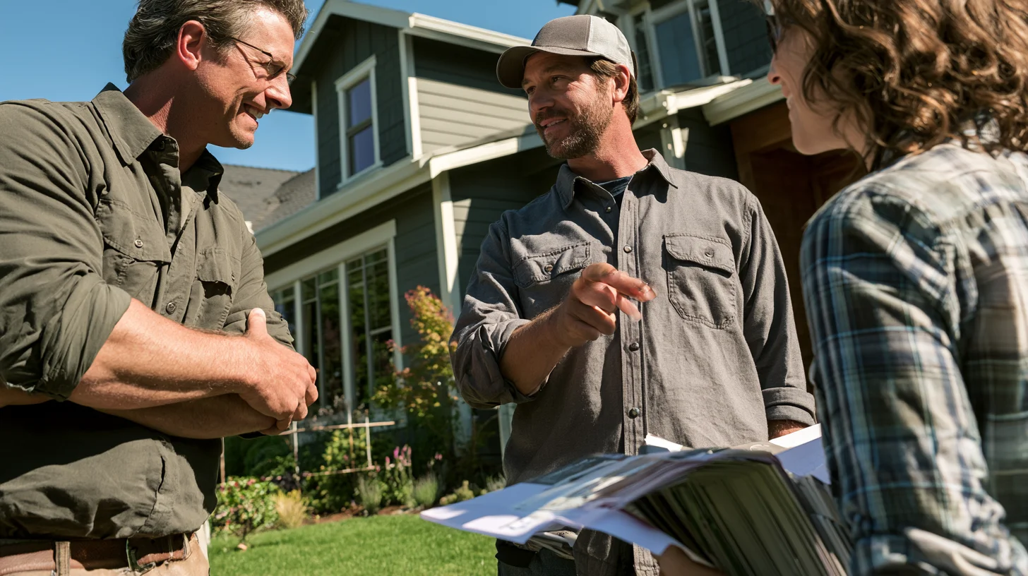 Experienced siding contractor consulting with homeowners about an exterior remodeling project