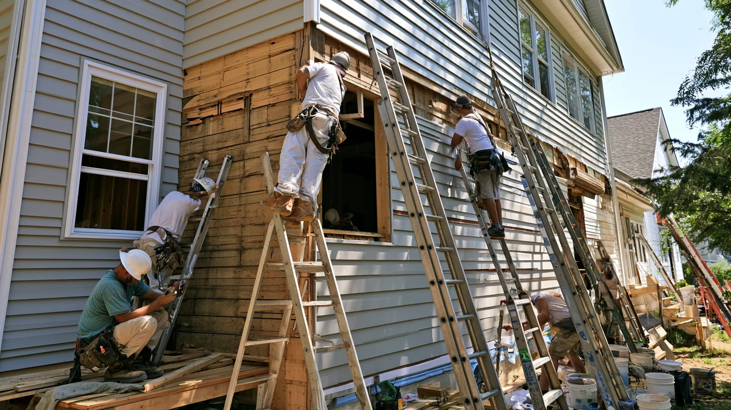 Professional contractors replacing old damaged siding with new fiber cement siding
