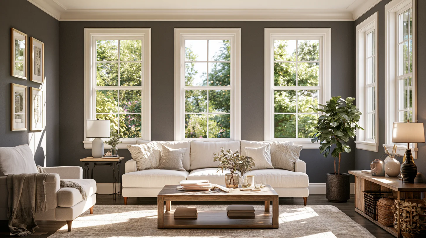 Sunlit modern living room with energy-efficient double pane windows reducing heat and improving comfort