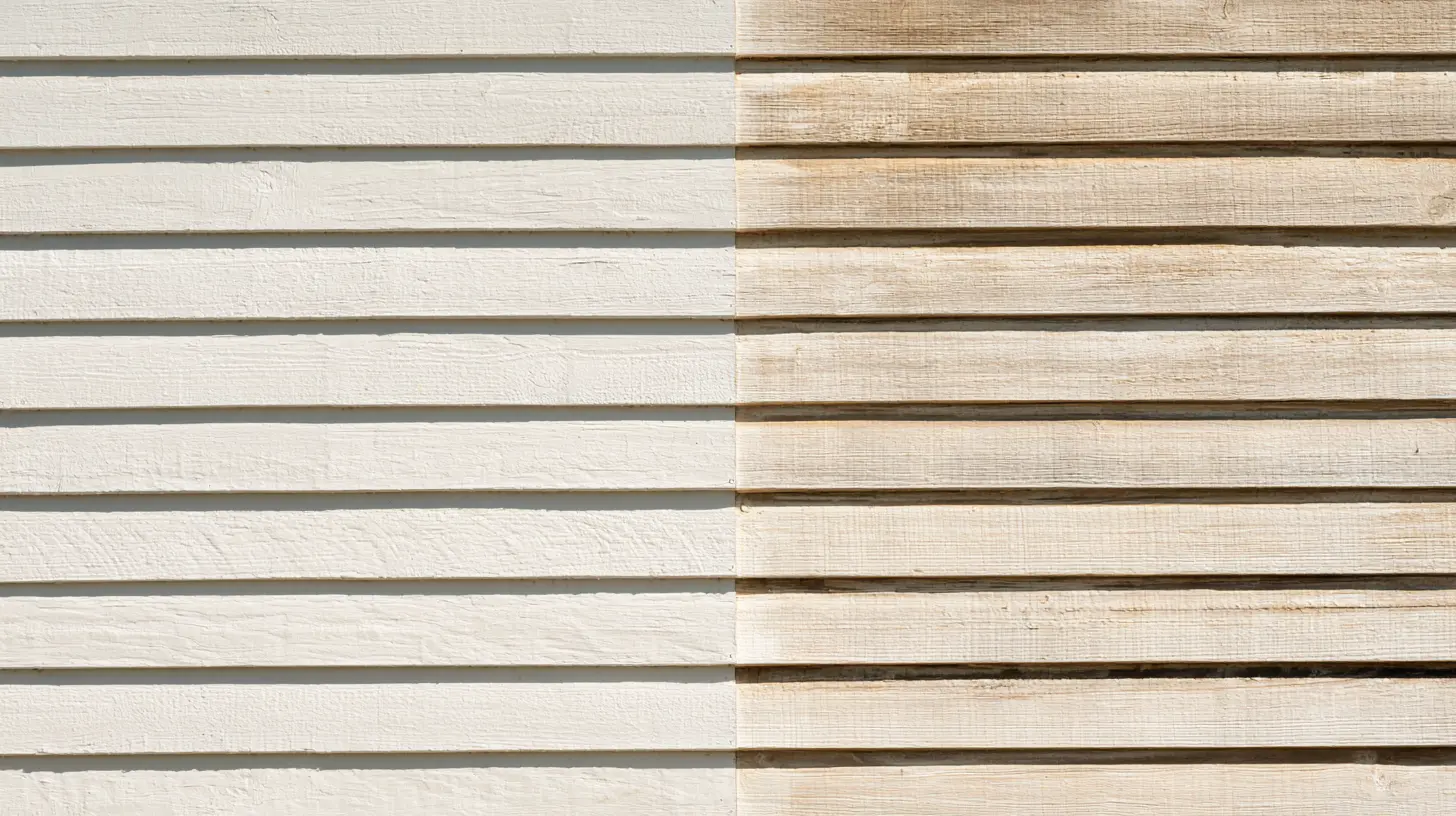 Weathered engineered wood siding showing paint wear and maintenance needs
