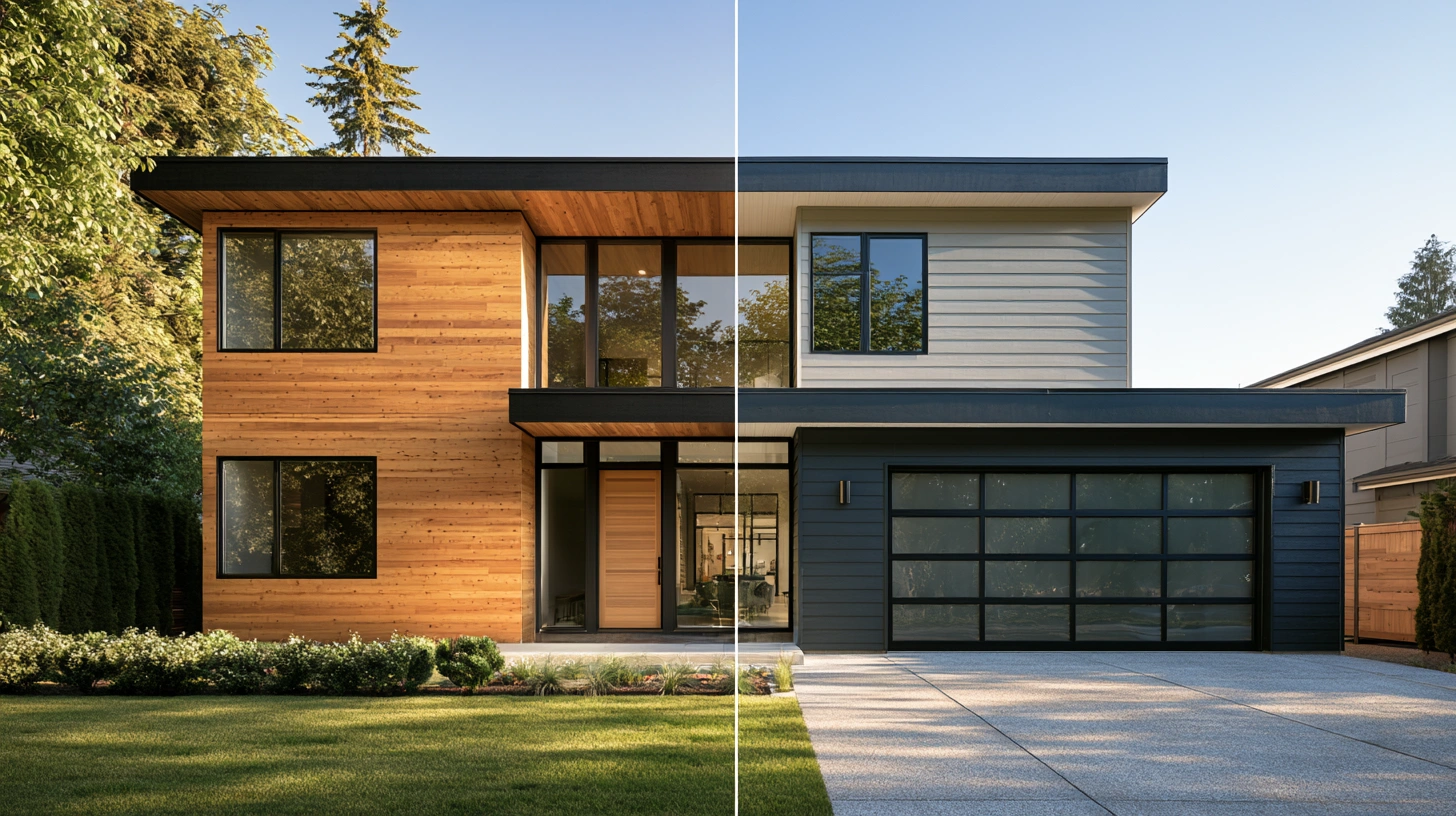 Comparison of engineered wood siding and fiber cement siding on two similar modern homes