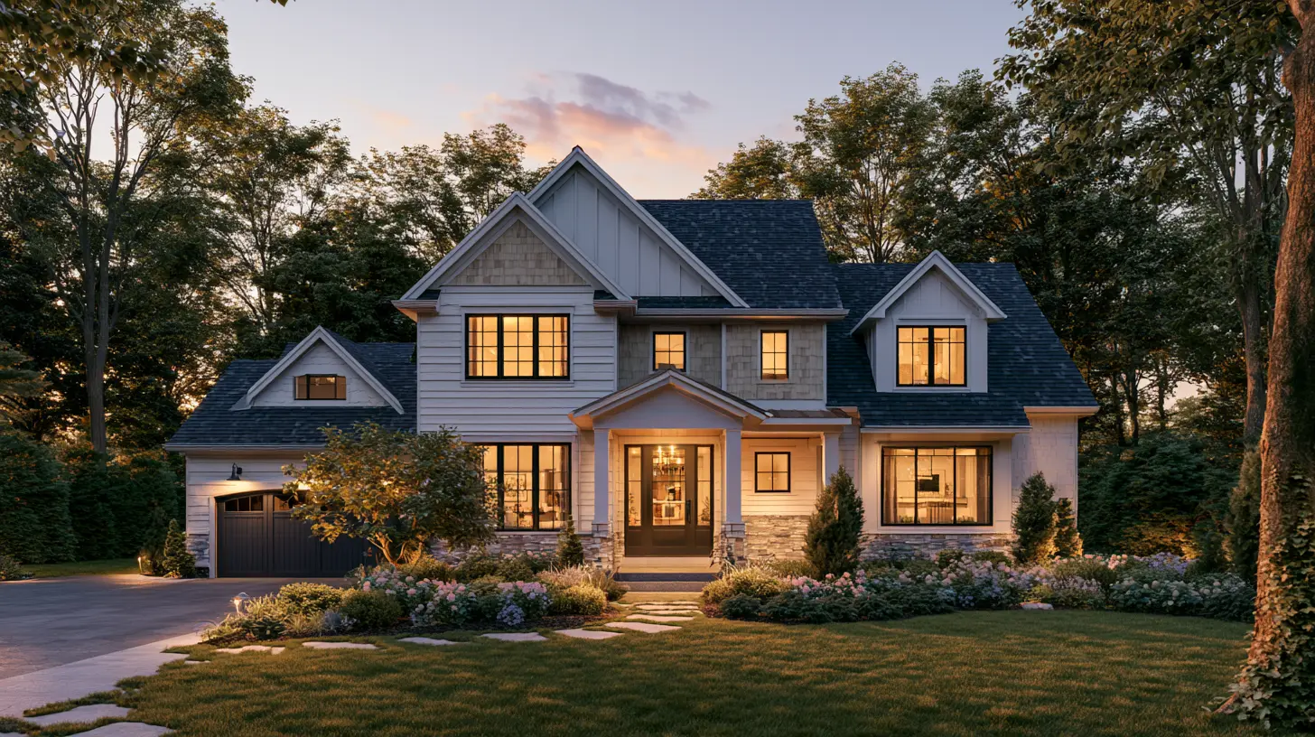 Modern home showcasing lap siding, vertical panels, shake siding, and matching trim