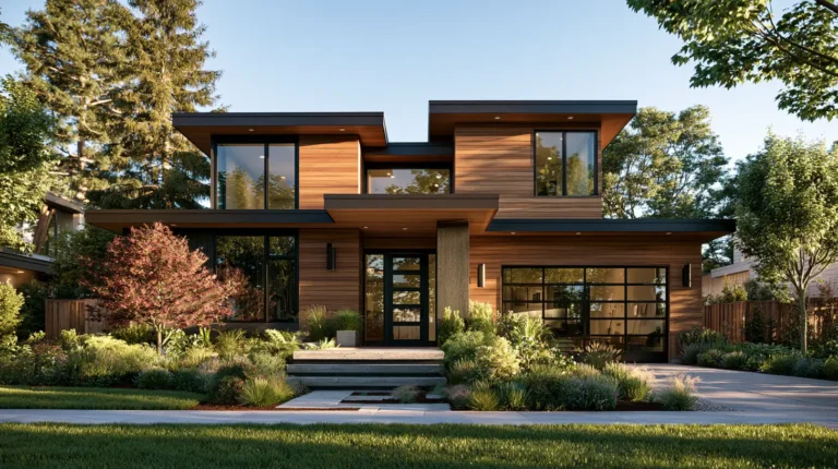 Modern home featuring LP SmartSide engineered wood siding with natural wood texture
