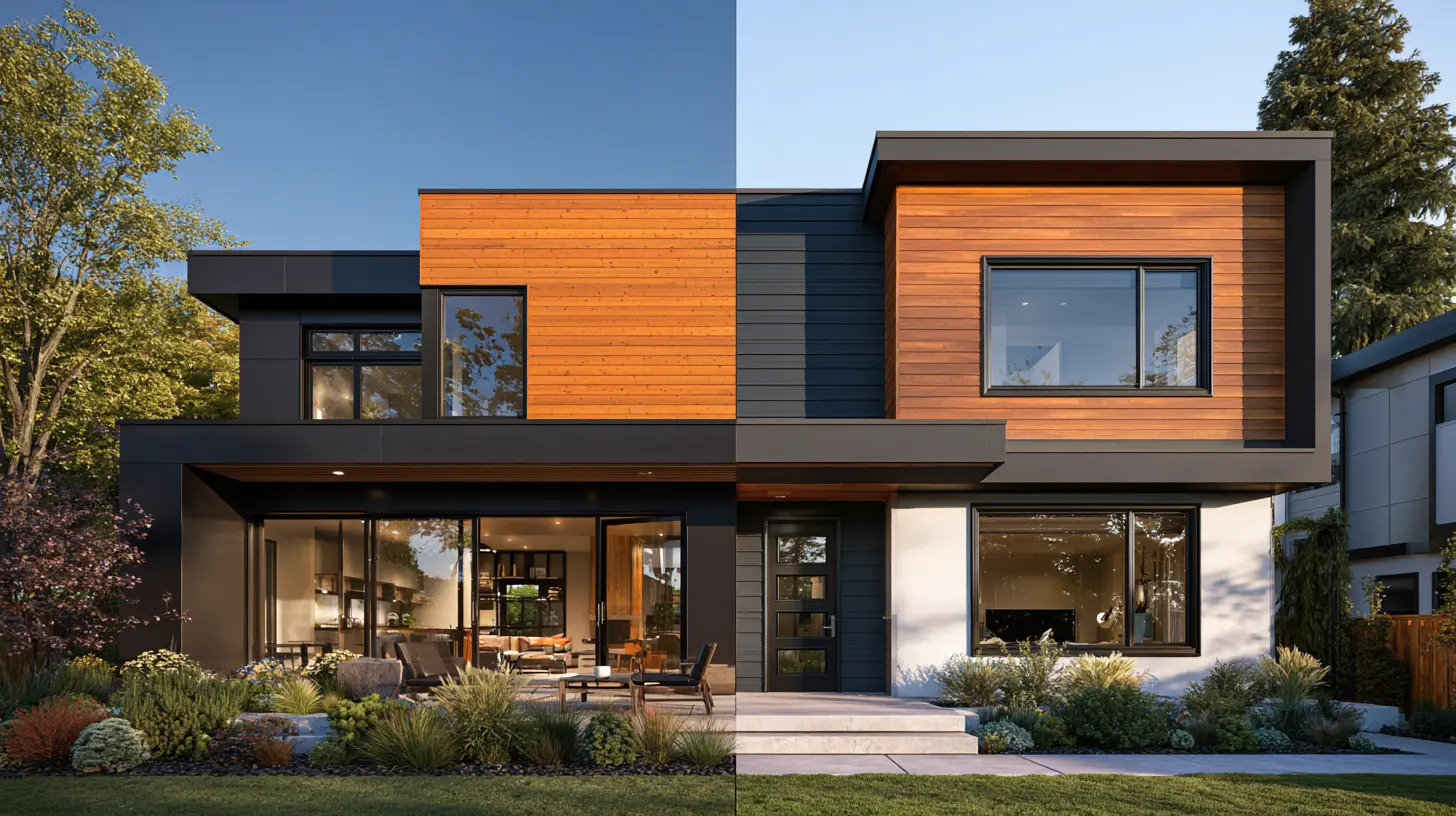 Side-by-side comparison of engineered wood siding and fiber cement siding on modern homes