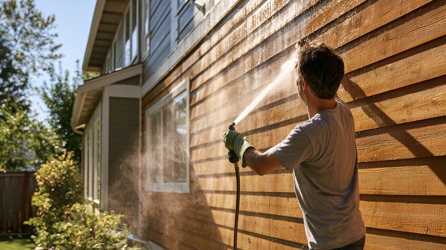 Homeowner cleaning engineered wood siding on a modern residential home