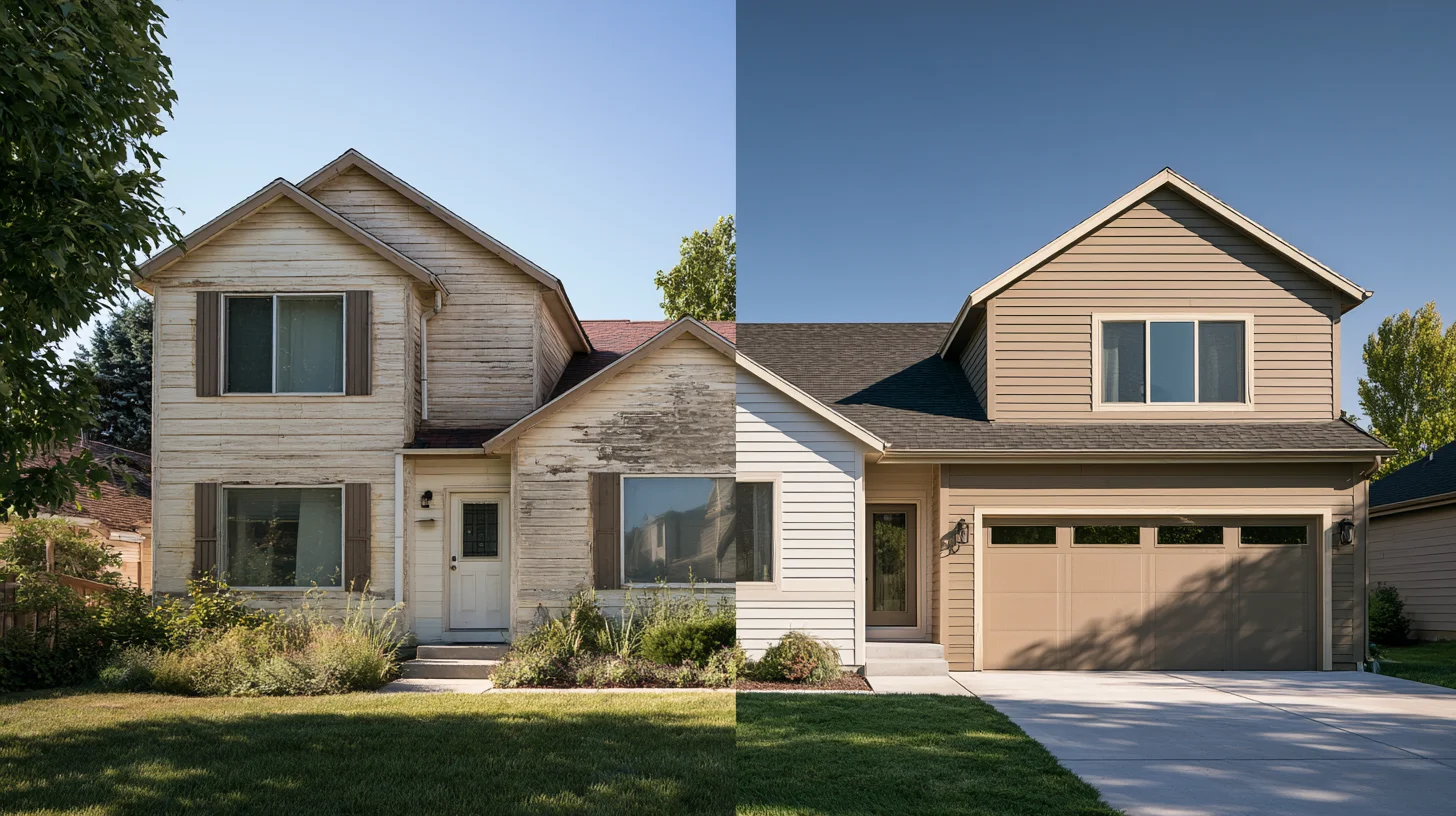 Comparison of aged weathered siding and newly installed fiber cement siding on similar homes