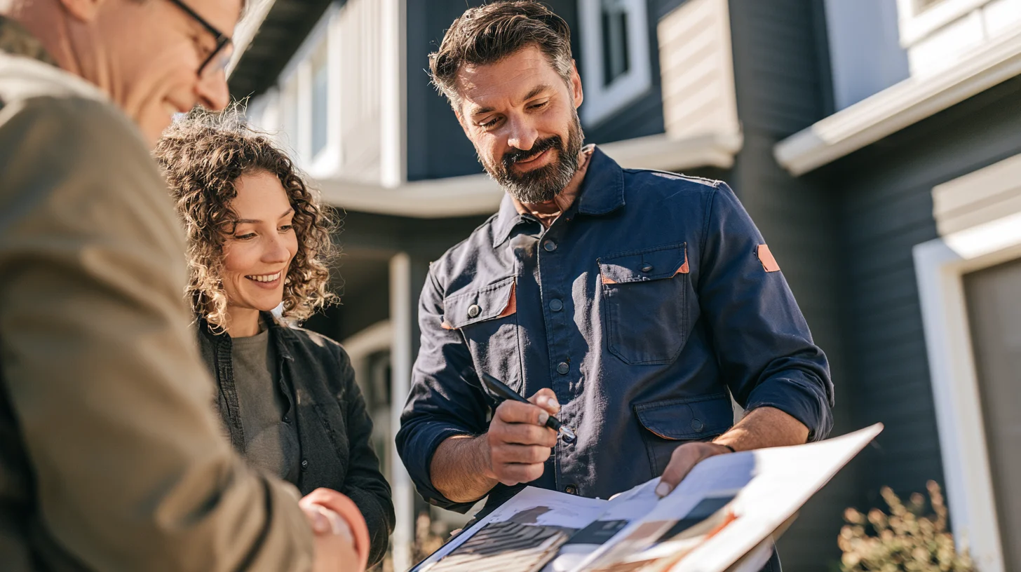 Homeowner discussing siding repair and replacement options with a professional contractor