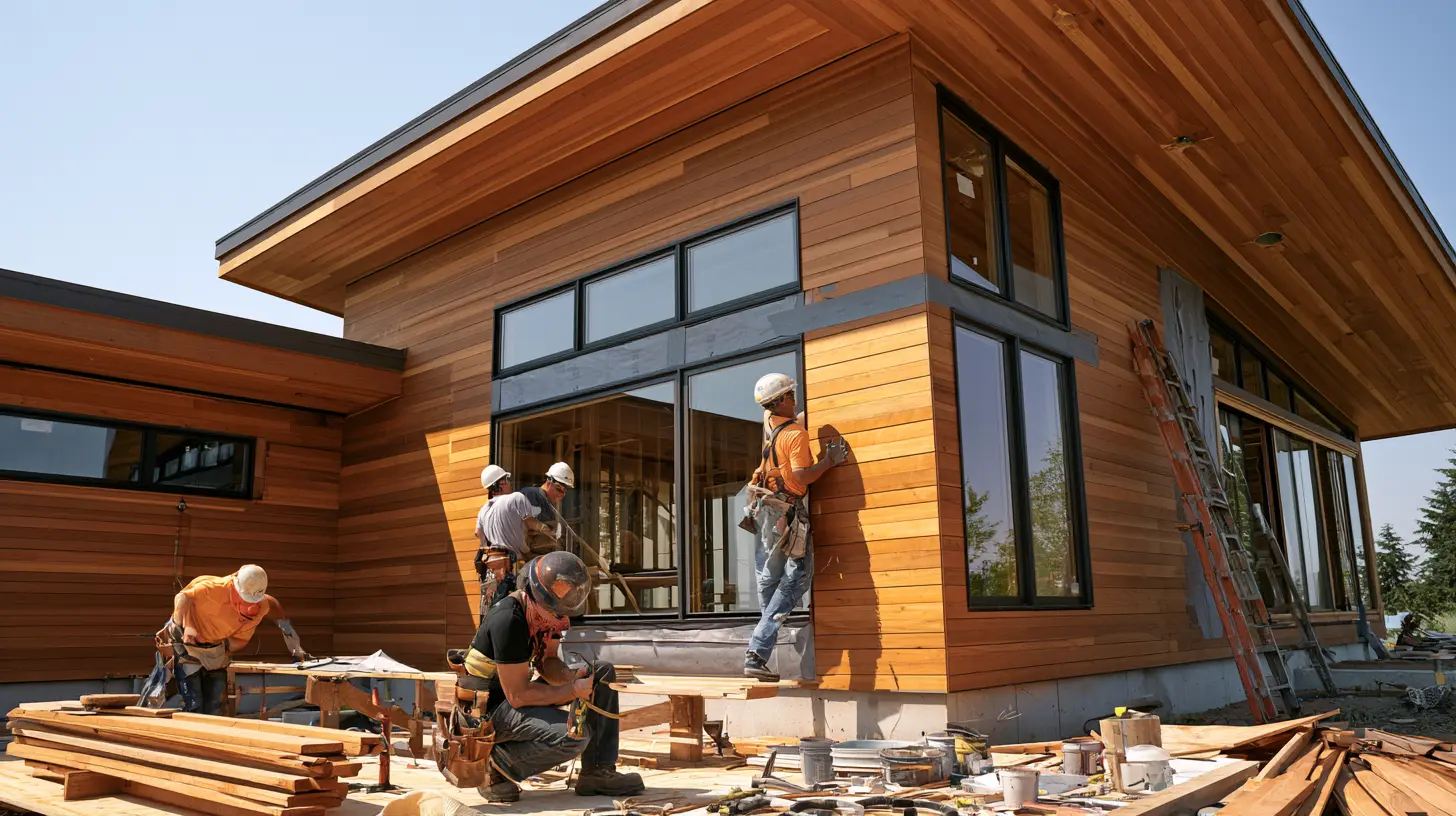 Professional contractor installing engineered wood siding with weather barrier and flashing