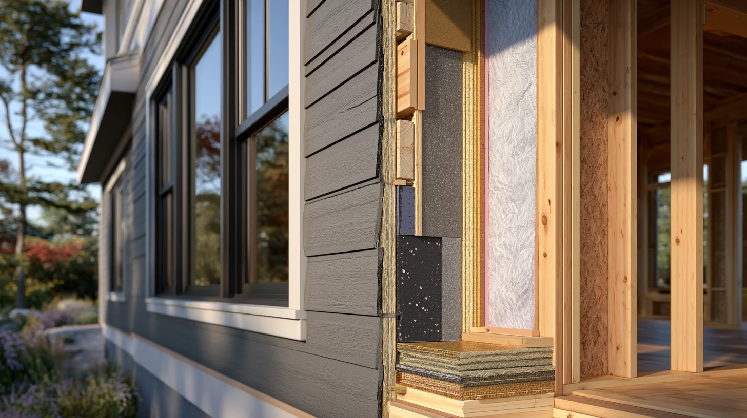 Cutaway view of a home's exterior wall showing siding, water barrier, flashing, insulation, and sheathing